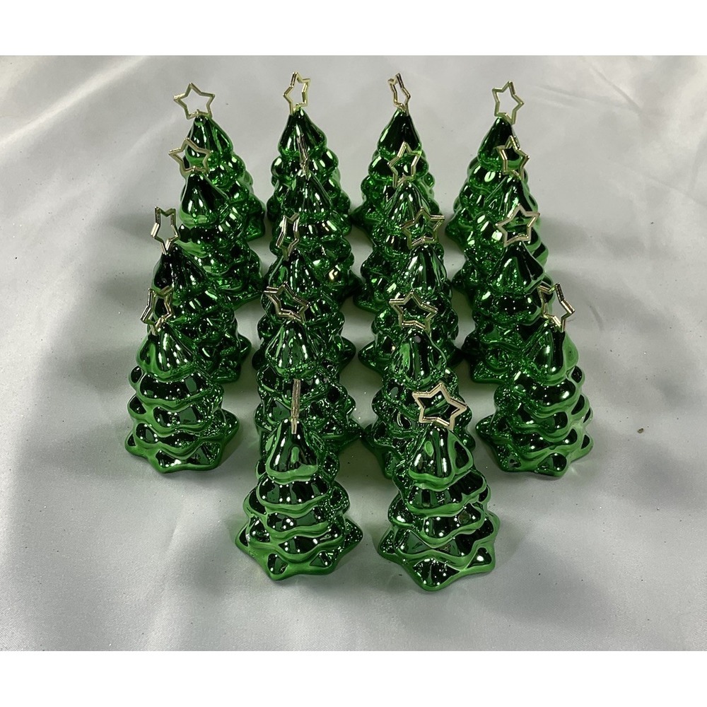 Set Of 18 Miniature Ceramic Christmas Tree Figure Green W/ Gold Star 2 3/8 Inch